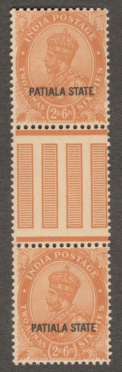 Indian Patiala State KGV 1928-34 2a6p orange MNH gutter pair. SG 69 £20