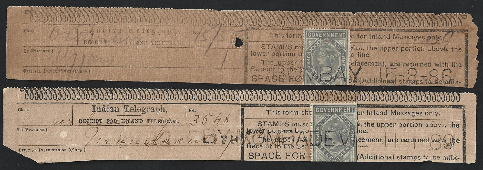 India 1875-1906 collection of telegraph receipts used from 18 different towns