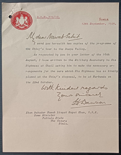 India COMMANDER IN CHIEF IN INDIA crested letter used 1929