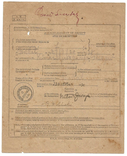 British India 1920 AR flimsy for foreign mail to UK