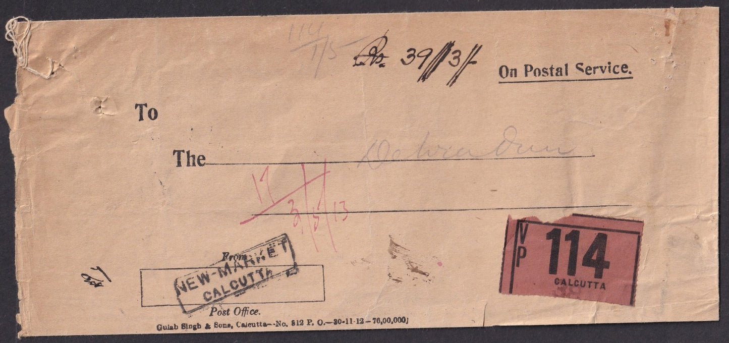India 1913 stampless 39/3/- VPP (Value Payable) On Postal Service cover