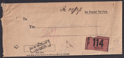 India 1913 stampless 39/3/- VPP (Value Payable) On Postal Service cover