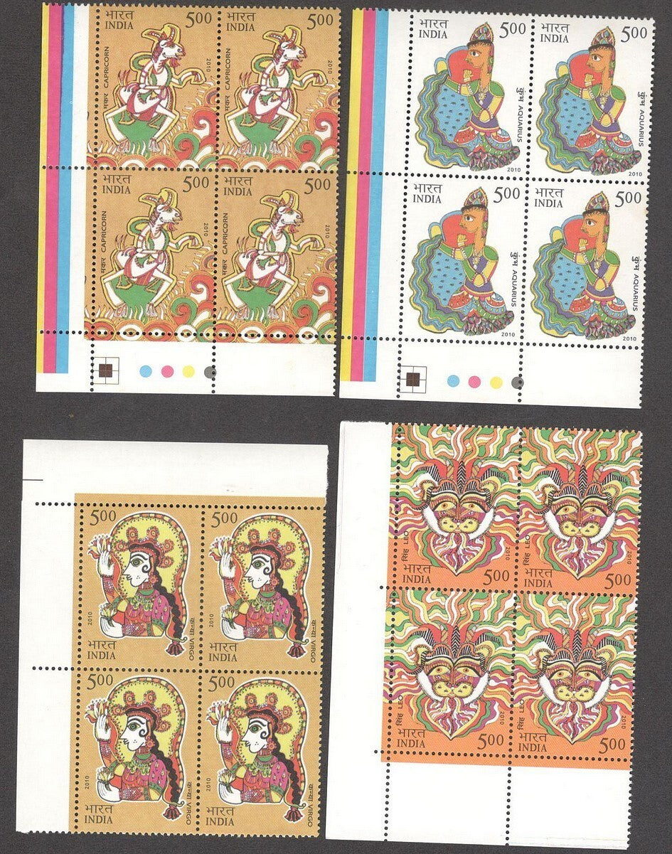 India 2010 Zodiac - Astrological Signs set of 12 MNH blocks of 4