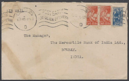 AOP South Africa 1943 bantams 6d pair & 3d single on cover to India