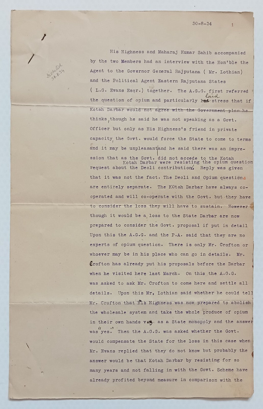 AOP India Official correspondence : OPIUM 1934 KOTAH STATE