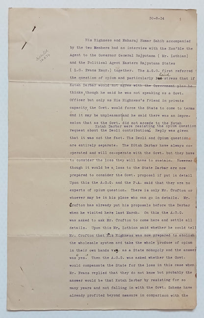 AOP India Official correspondence : OPIUM 1934 KOTAH STATE