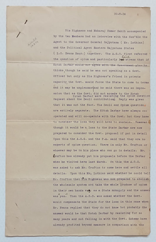 AOP India Official correspondence : OPIUM 1934 KOTAH STATE