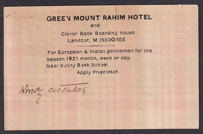India 1921 GREEN MOUNT RAHIM HOTEL advertisement postcard