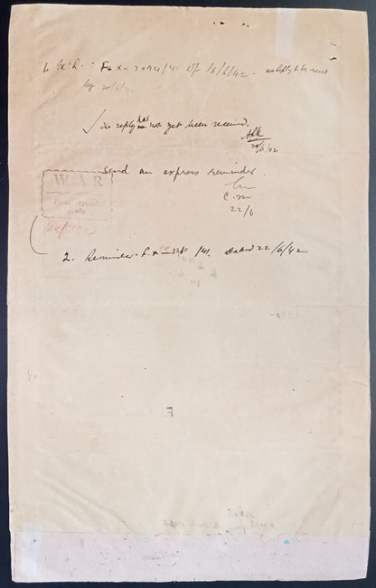 India 1942 Official Express Letter with boxed WAR - PLEASE EXPEDITE A REPLY