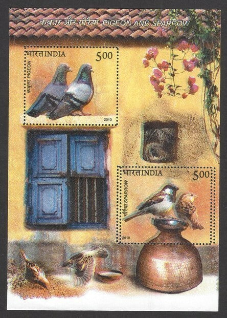 India 2010 Pigeon & Sparrow BIRDS miniature sheet wi misplaced colours error MNH