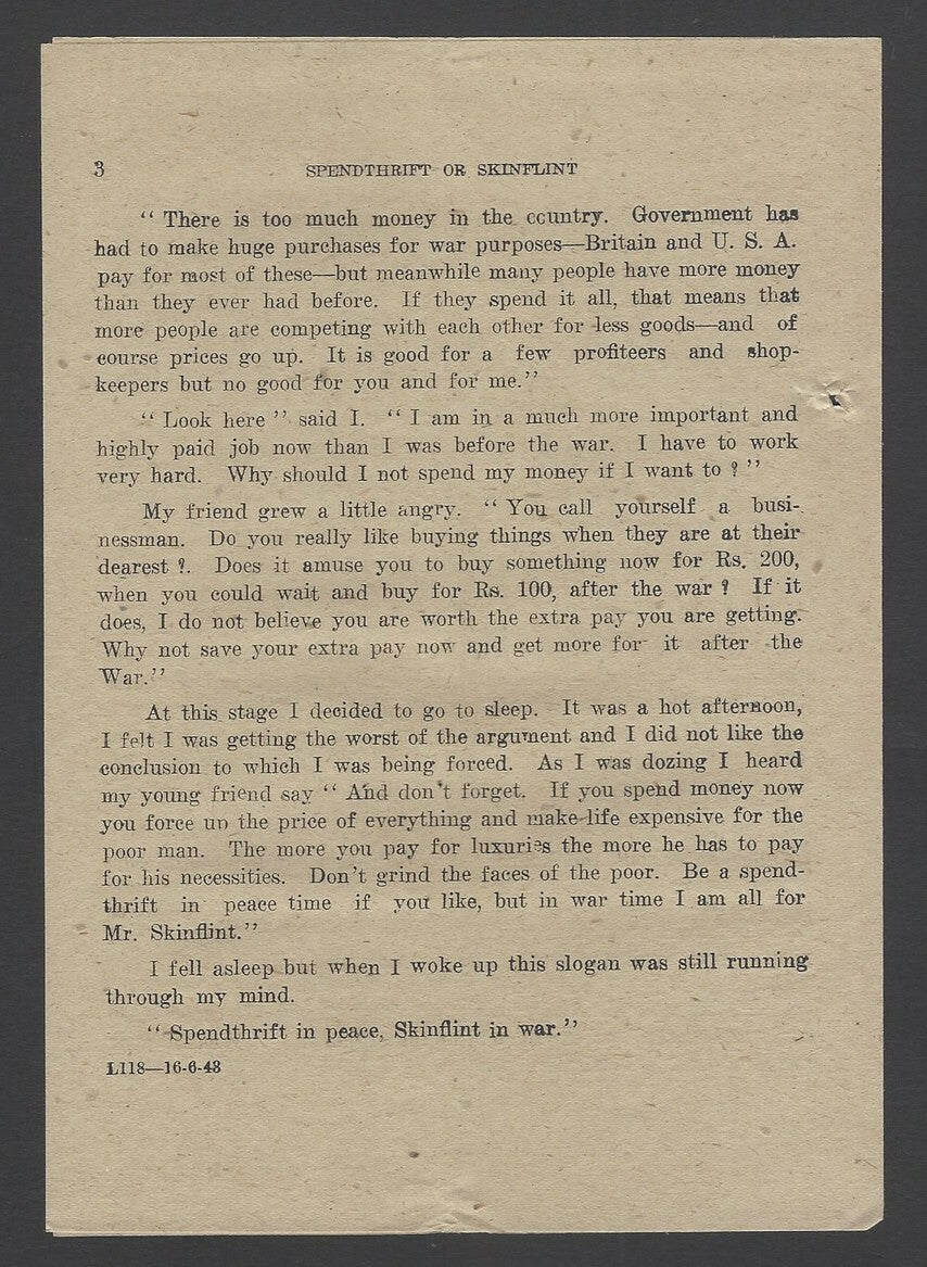 India 1943 WW2 National War Front Propaganda Leaflet Spendthrift or Skinflint