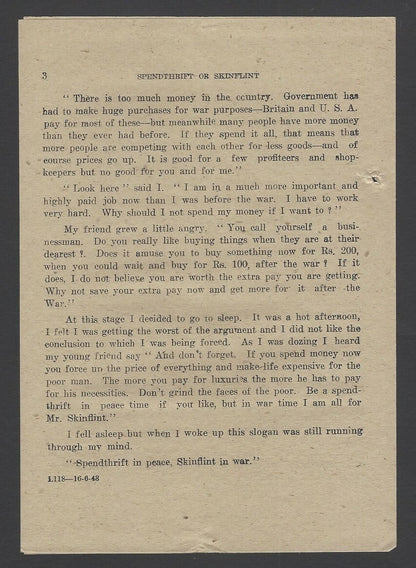 India 1943 WW2 National War Front Propaganda Leaflet Spendthrift or Skinflint