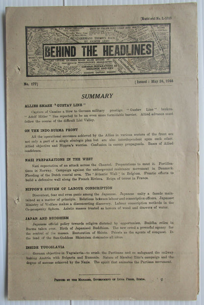 India WW2 Propaganda rag BEHIND THE HEADLINES 1944 ALLIES SMASH GUSTAV LINE 8pgs