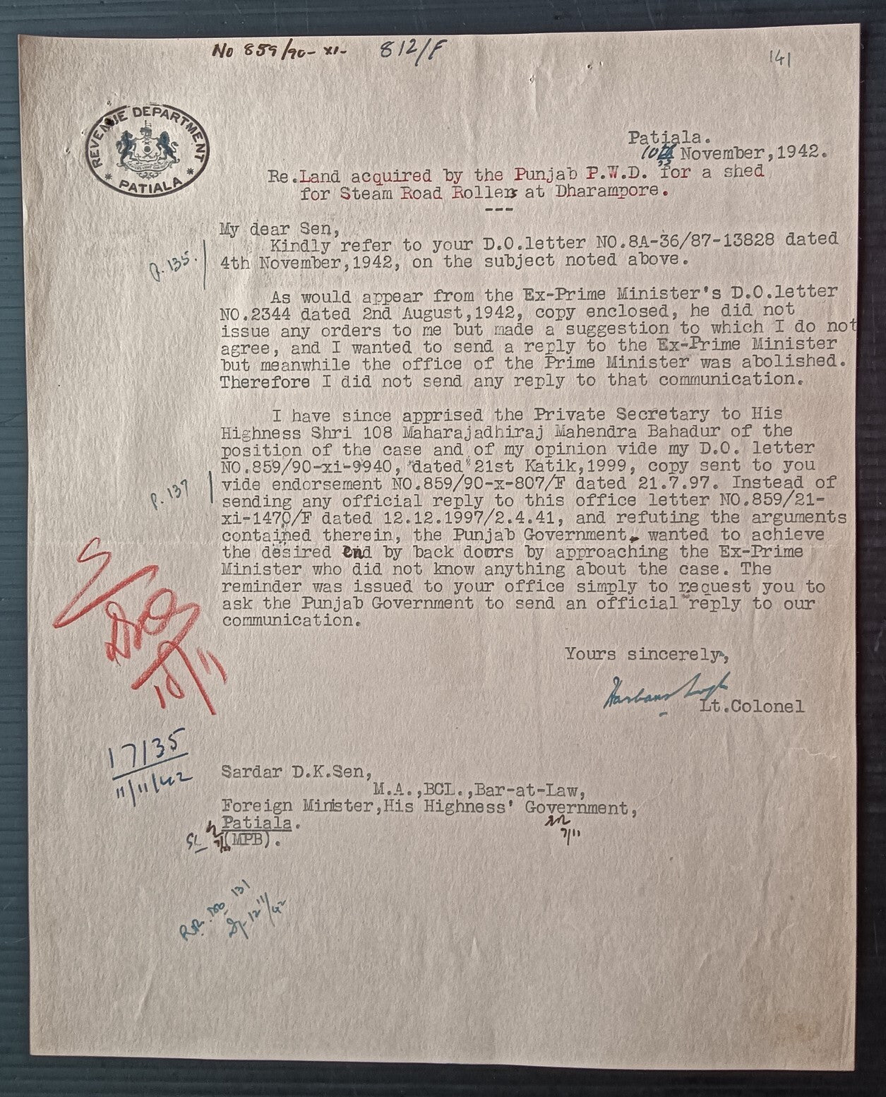 India 1942 crested letter REVENUE DEPARTMENT * PATIALA