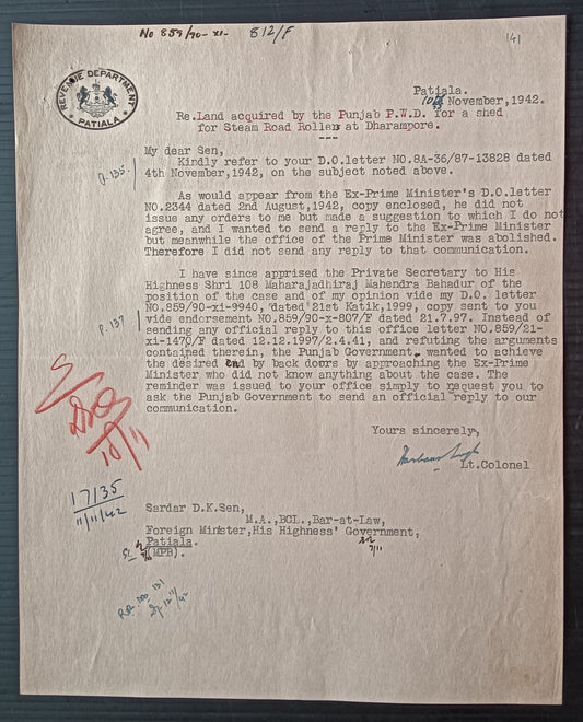 India 1942 crested letter REVENUE DEPARTMENT * PATIALA