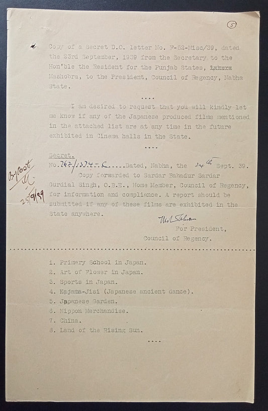 British India 1939 Enquiry into screening of Japanese movie Art of Flowers, etc.