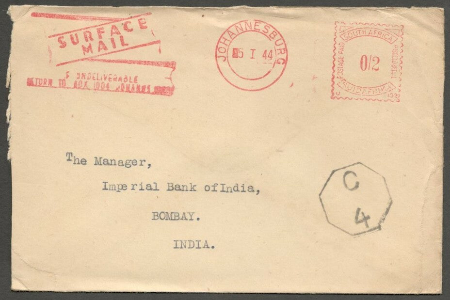 AOP South Africa WW2 1944 censored meter cover to India