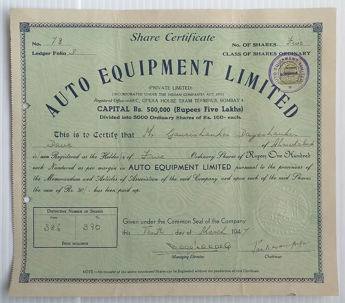AOP India Auto Equipment Limited, Bombay 1947 share certificate