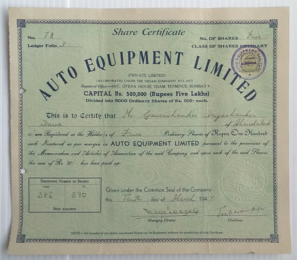 AOP India Auto Equipment Limited, Bombay 1947 share certificate