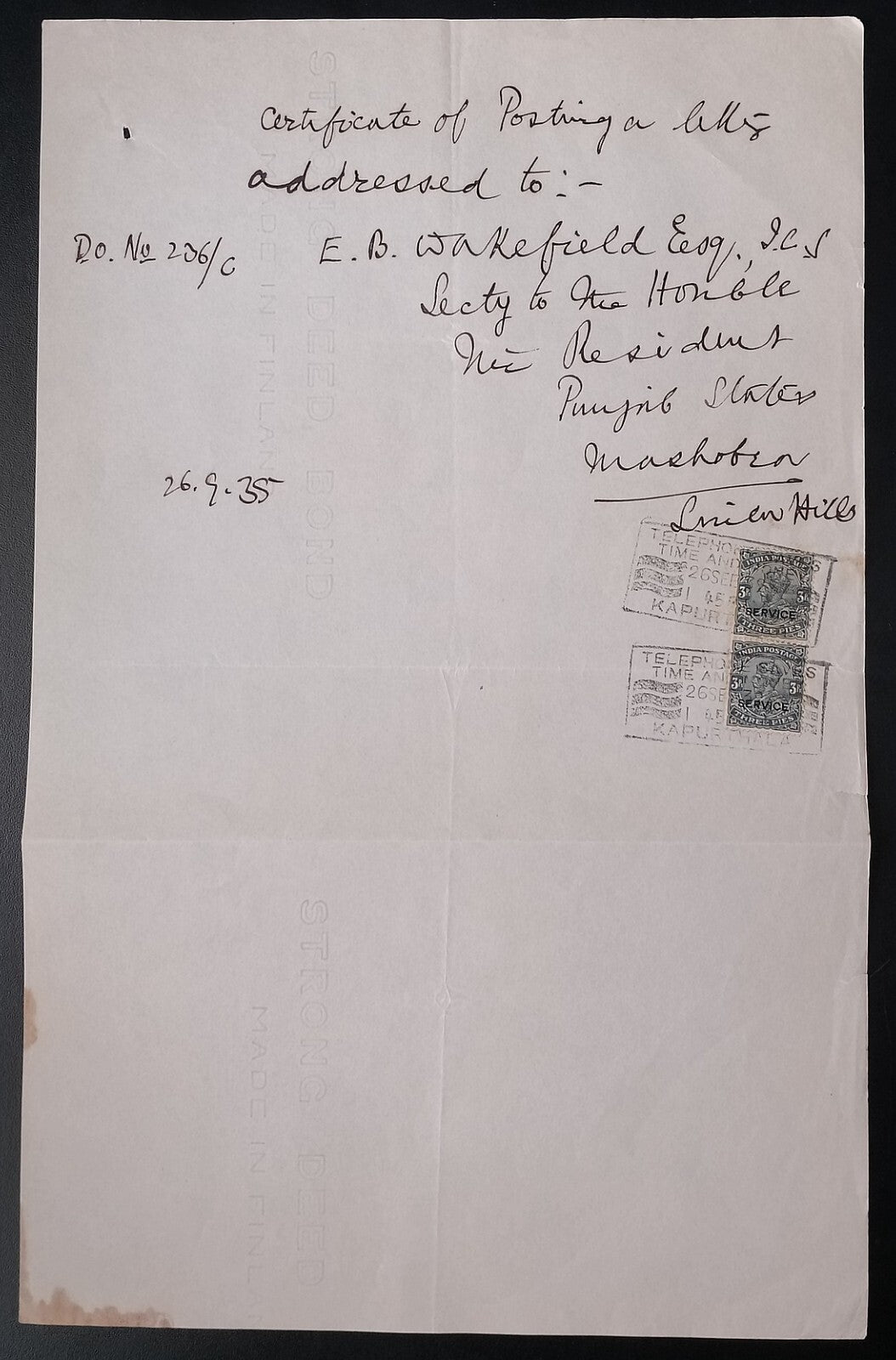 India 1935 certificate of posting Kapurthala