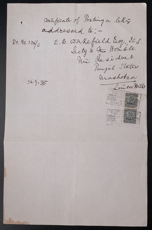 India 1935 certificate of posting Kapurthala