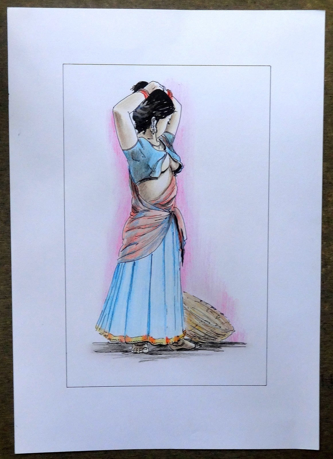 Indian Dancing Beauty watercolours, crayons & ink on card 11.5” x 17.5”