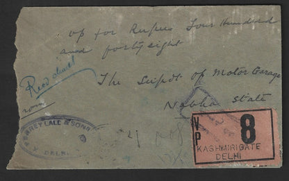 India 1922 single franked VPP (Value Payable) On Postal Service cover