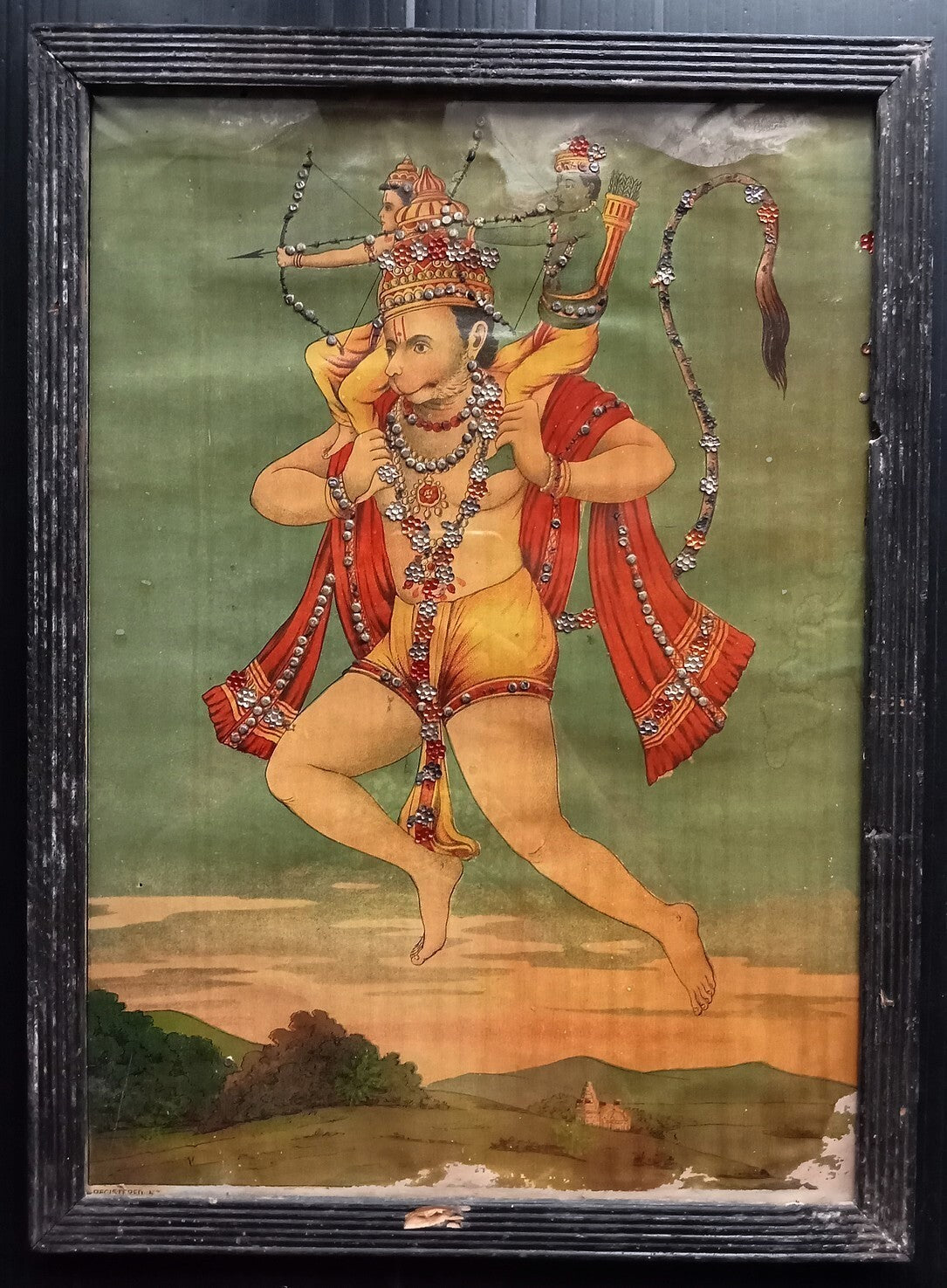 India vintage embellished litho oleograph Ravi Varma poster Hanuman 25cm x 35cm