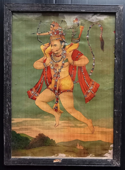 India vintage embellished litho oleograph Ravi Varma poster Hanuman 25cm x 35cm