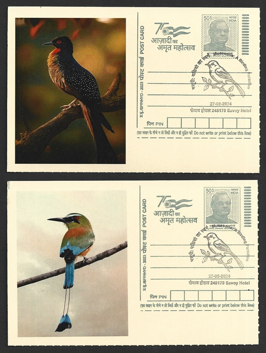 India 2024 Birding Paradise Savoy Hotel postmarks on cards LONG TAILED BIRDS (6)