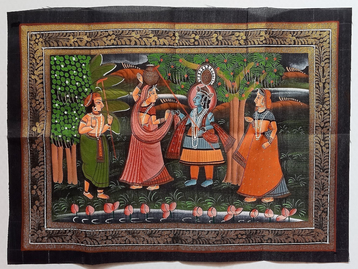 India vintage hand painting on cloth RADHA, KRISHNA & BALRAM 9 x 12 inches