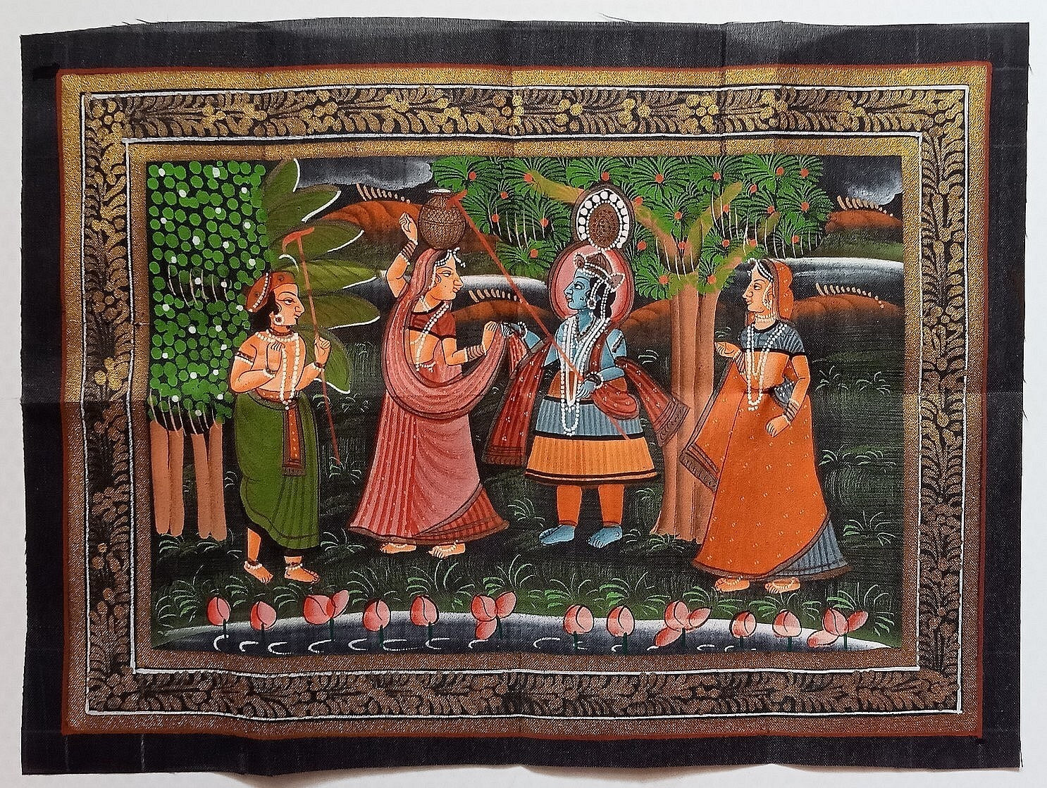 India vintage hand painting on cloth RADHA, KRISHNA & BALRAM 9 x 12 inches