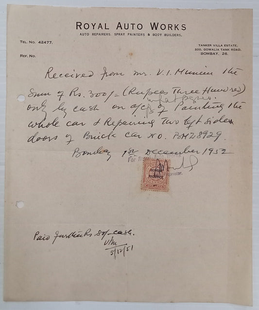 AOP India ROYAL AUTO WORKS, Bombay 1952 stamped receipt on letterhead 