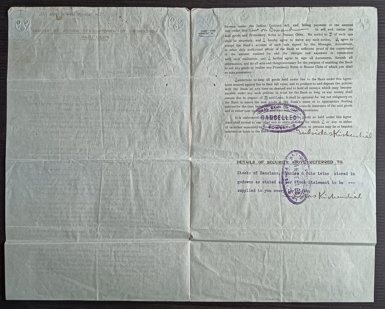 India 1926 Hypothecation Agreement for 1000000R with KGV revenue stamps