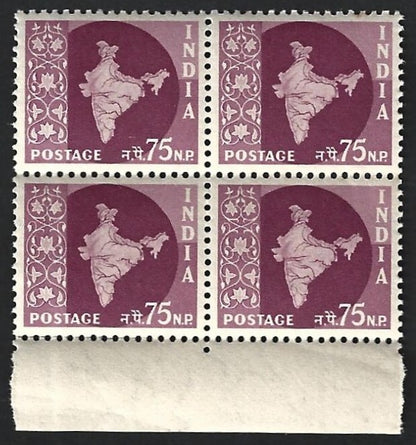 India 1957 MAPS 75p MNH block of 4. SG 385 £11, Phila INR 2000.-
