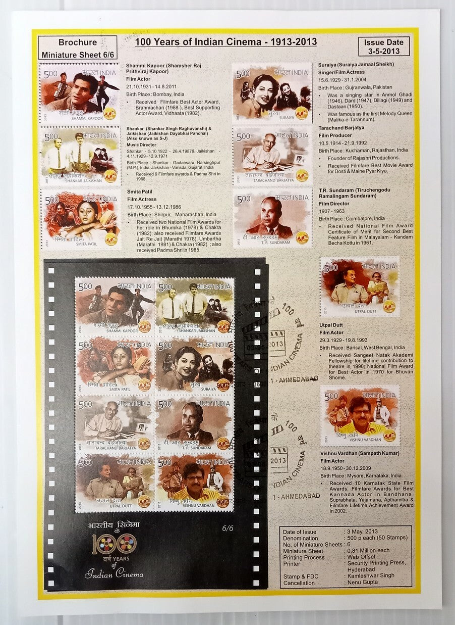 AOP India 2003 100 Years of Cinema sheetlets set of 6 on 6 information brochures