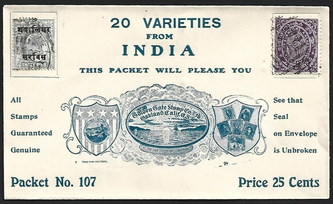 (AOP) Golden Gate Stamp Co vintage UNOPENED pictorial stamp packet 20 INDIA
