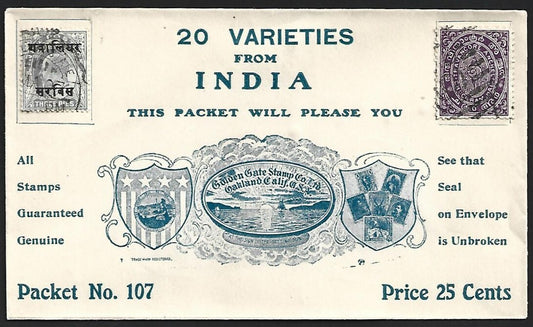 (AOP) Golden Gate Stamp Co vintage UNOPENED pictorial stamp packet 20 INDIA