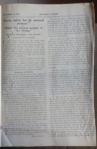 The Hindu Outlook weekly newpaper of the Hindu Mahasabha 1937 India 16pgs