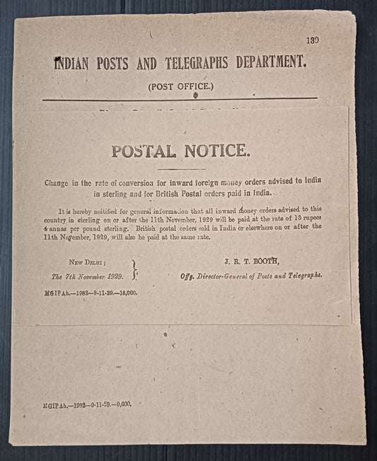 India 1929 POSTAL NOTICE Inward Money Orders & Postal Orders paid in India