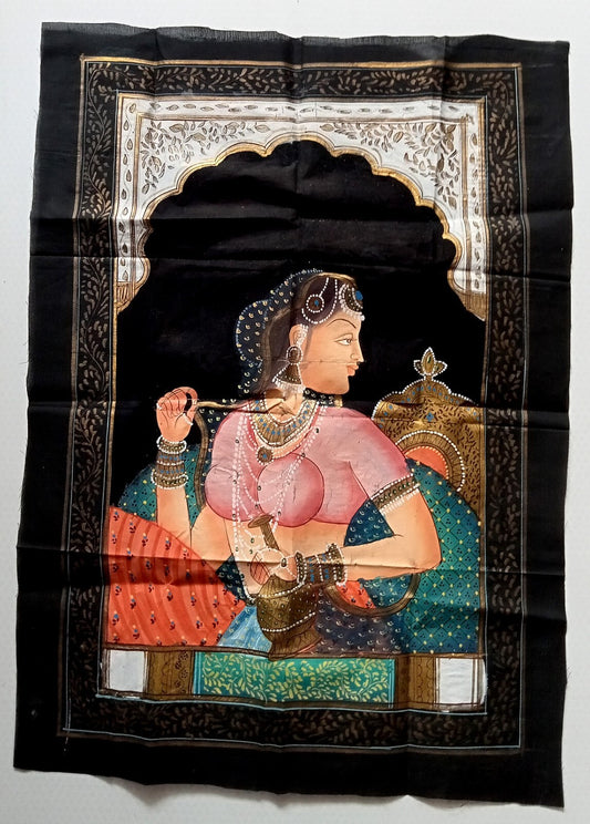 India vintage hand painting on cloth MAHARANI - QUEEN 14 x 20 inches