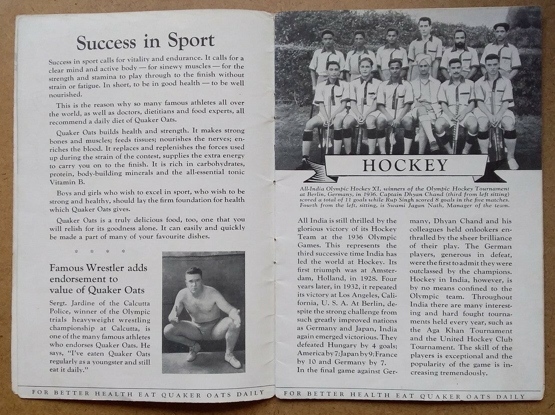 India 1930s Quaker Oats promotional booklet Cricket etc. SPORTS & YOUTH OF INDIA