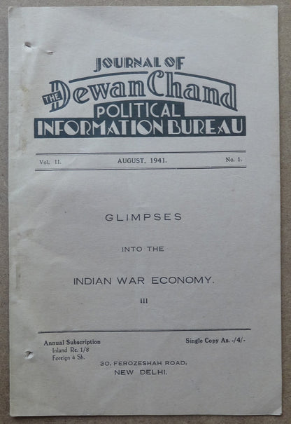 Dewan Chand Political Information Bureau monthly Aug 1941 INDIAN WAR ECONOMY