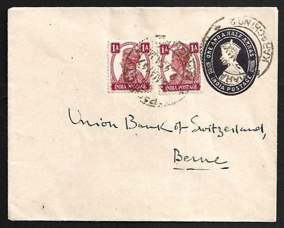 India KGVI 1 1/2a envelope uprated KARACHI CITY/KARACHI No.2 to Switzerland