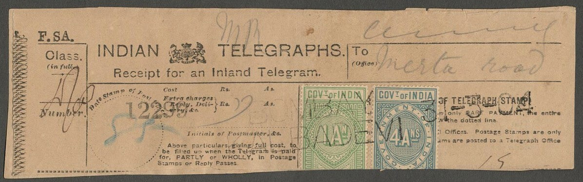AOP India Telegraph stamps on 1904 BY- KALBADEVI Telegraph receipt