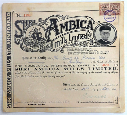 India 1941 Ambica Mills share certificate