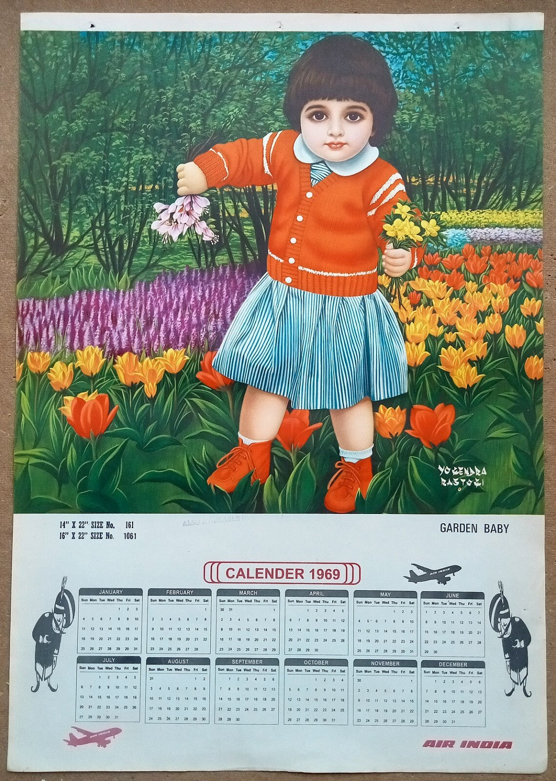 AIR INDIA 1969 poster calender 1061 - GARDEN BABY - ARTIST: YOGENDRA RASTOGI - R