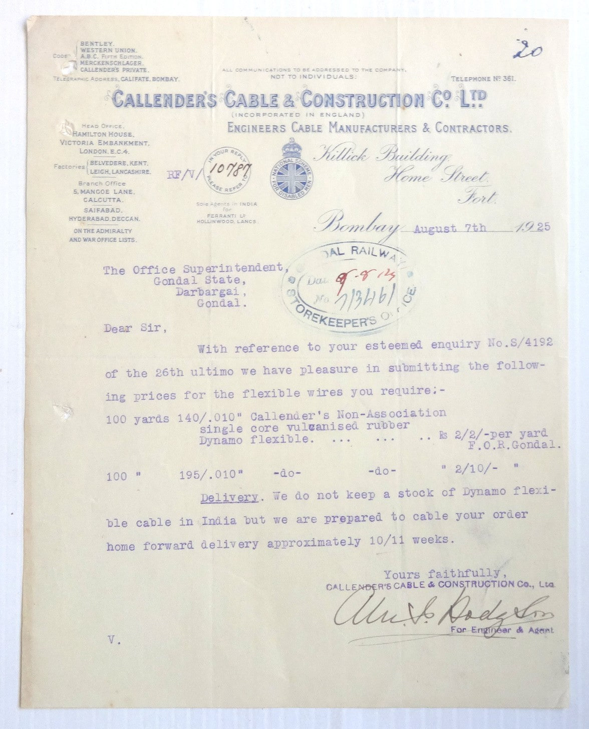 India 1925 Callender's Cable & Construction Co Illus Illustrated Letterhead
