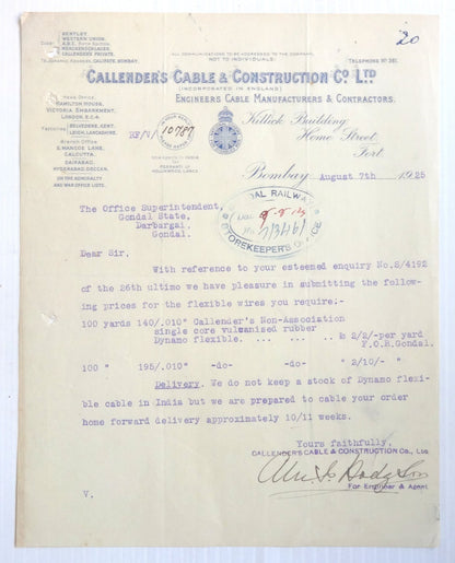 India 1925 Callender's Cable & Construction Co Illus Illustrated Letterhead