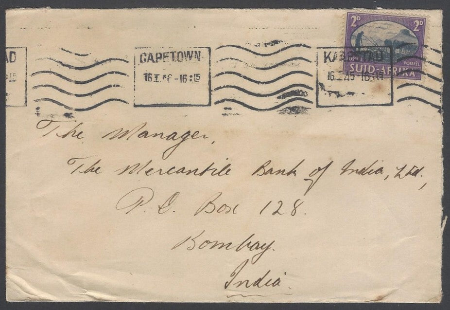 AOP South Africa 1933 2d single franked cover canc Capetown to India